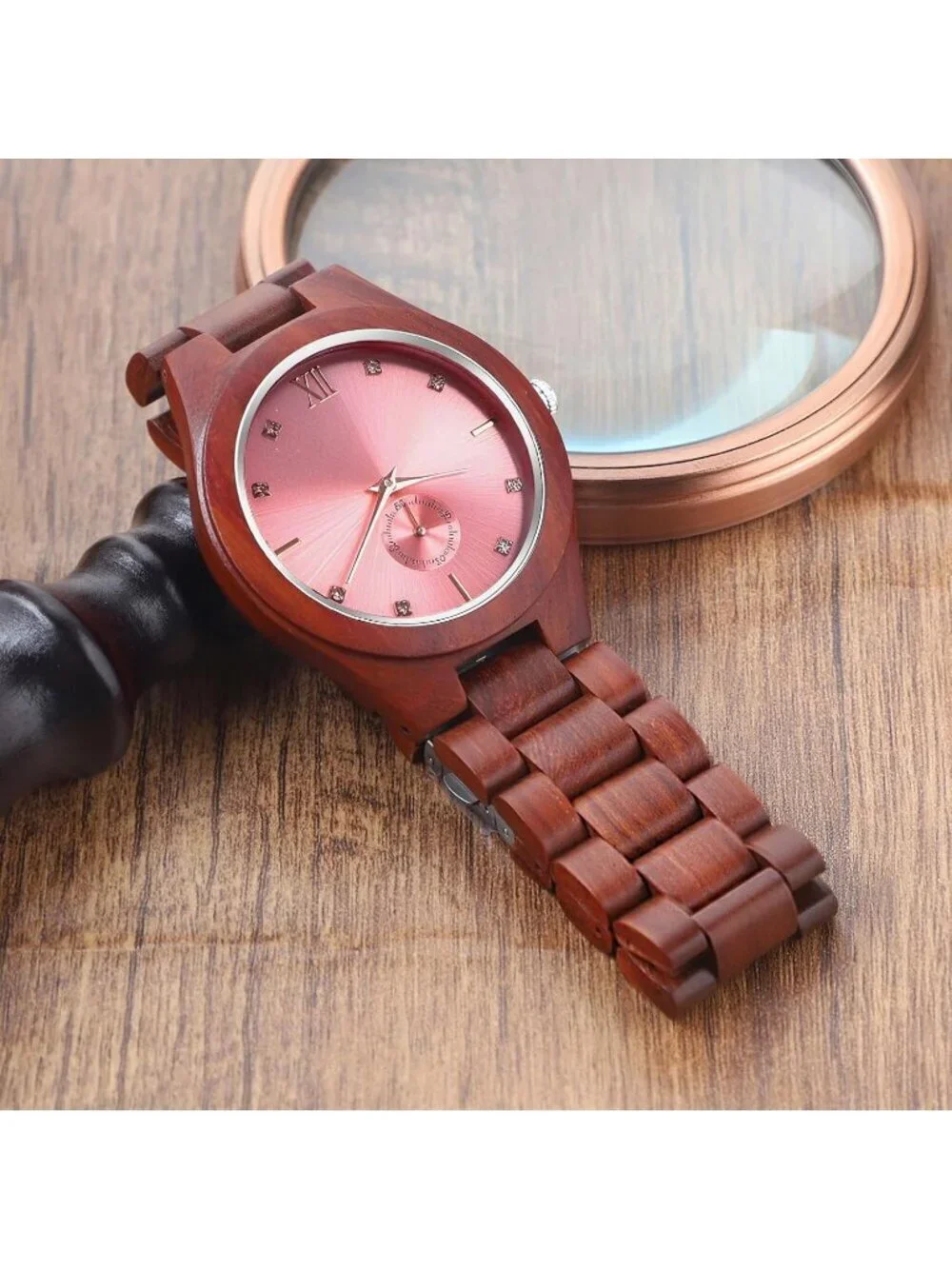 Men's Red&Pink 100% Manual Classic Wrist Analog Quartz Handmade Wooden Watch
